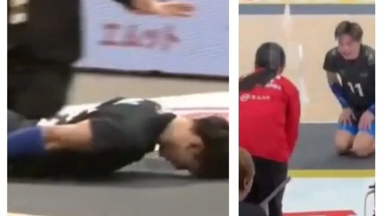 Jugador de voleibol se disculpa de rodillas tras pelotazo accidental a asistente