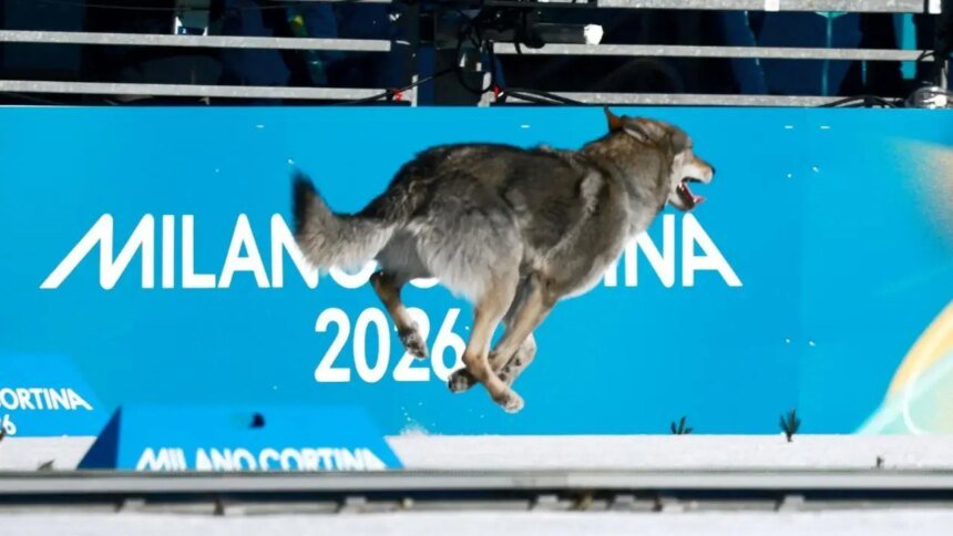Perro lobo cruza la meta tras dos corredoras en esquí olímpico