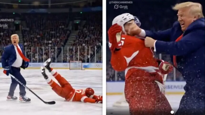 Trump difunde video IA: juega hockey contra Canadá y choca con rivales