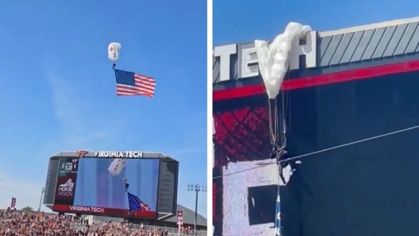 Paracaidista queda colgando de pantalla gigante en partido de fútbol americano Contacto
